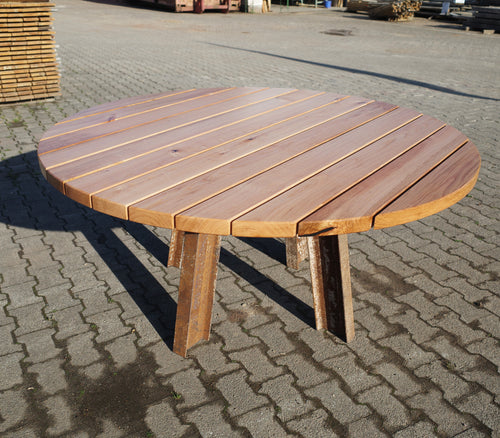 Gartentisch rund 160 cm aus Roteiche und Stahl